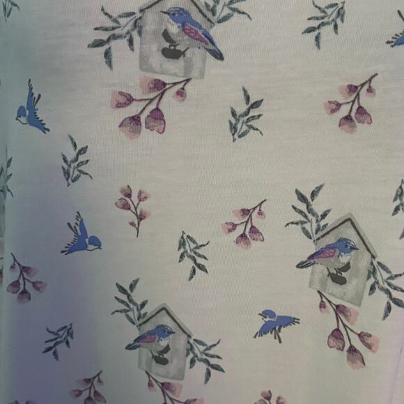 Cuddledown Size S Pima Cotton Nightgown Bird Floral Nature Print Midi Length - Picture 3 of 6